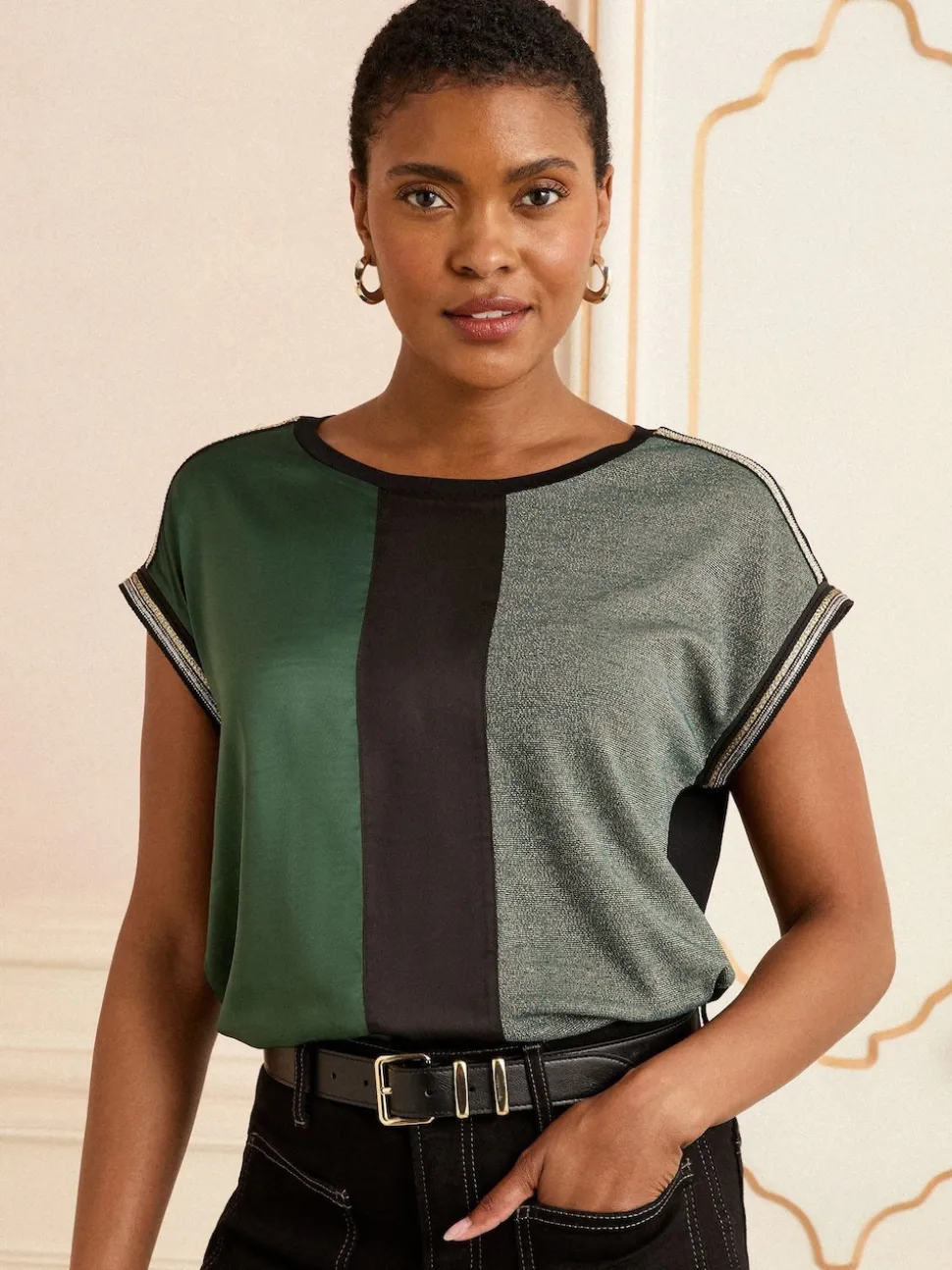 Green and Black Embellished Cuff Satin Front - Love & Roses Satin Front V-Neck Short Sleeve Top
