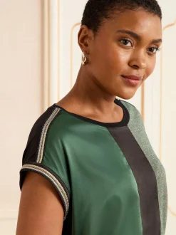 Green and Black Embellished Cuff Satin Front - Love & Roses Satin Front V-Neck Short Sleeve Top