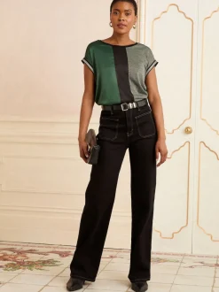 Green and Black Embellished Cuff Satin Front - Love & Roses Satin Front V-Neck Short Sleeve Top