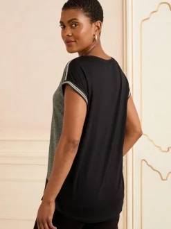 Green and Black Embellished Cuff Satin Front - Love & Roses Satin Front V-Neck Short Sleeve Top