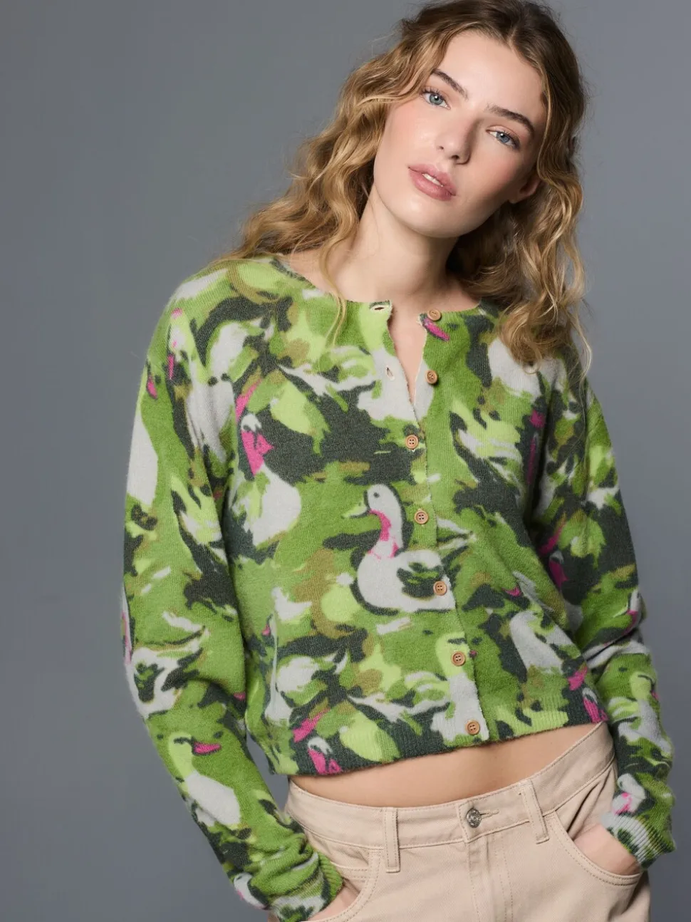 Green Duck Print - Gebreid vest met ronde hals