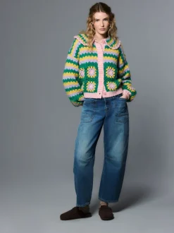 Green Multi Patch - Hand Crochet Collar Cardigan