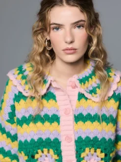 Green Multi Patch - Hand Crochet Collar Cardigan