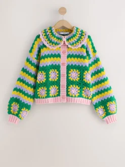 Green Multi Patch - Hand Crochet Collar Cardigan