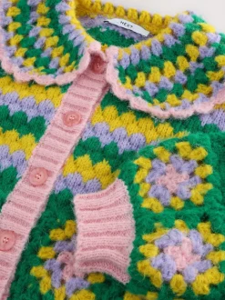 Green Multi Patch - Hand Crochet Collar Cardigan