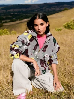 Grey Floral Jacquard - Floral Jaquarded Borg Half Zip Neck Fleece Sweatshirt