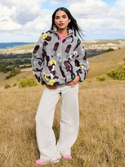 Grey Floral Jacquard - Floral Jaquarded Borg Half Zip Neck Fleece Sweatshirt