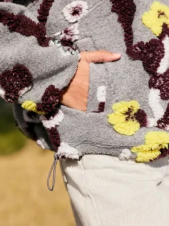 Grey Floral Jacquard - Floral Jaquarded Borg Half Zip Neck Fleece Sweatshirt