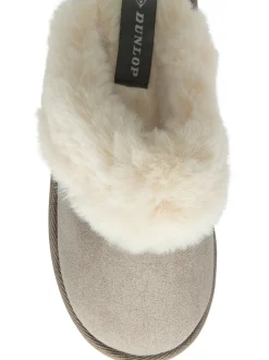 Grijs - Dunlop Faux Suede Mule Slippers Fur Collar