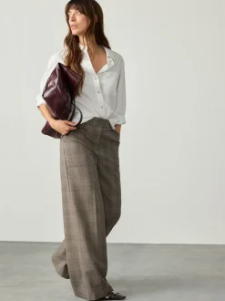 Grijs - Geruite, geborstelde, modieuze broek met hoge taille en wijde pijpen