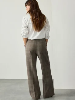 Grijs - Geruite, geborstelde, modieuze broek met hoge taille en wijde pijpen
