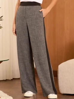 Grijs - Love & Roses broek met structuur, wijde pijpen en zijstreep