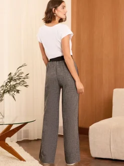 Grijs - Love & Roses broek met structuur, wijde pijpen en zijstreep