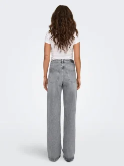 Grijs - ONLY - Jeans met hoge taille en wijde pijpen van 100% katoen