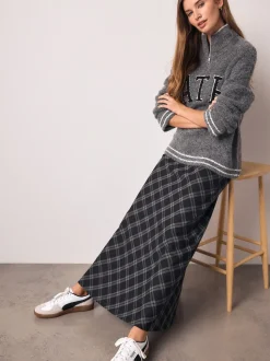 Grijs - Ruit Midi Slip Rok