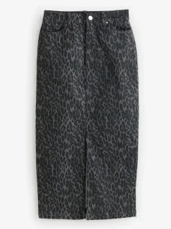 Grijs - Sosandar denim midirok met luipaardprint