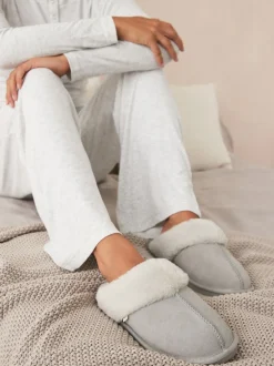 Grijs - Suede Faux Fur Mule Slippers
