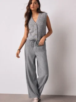 Grijs - Tie Waist Wide Leg Trousers with Wool
