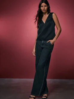 Grijs - Washed Black Embellished Studded High Rise Palazzo Wide Leg Jeans