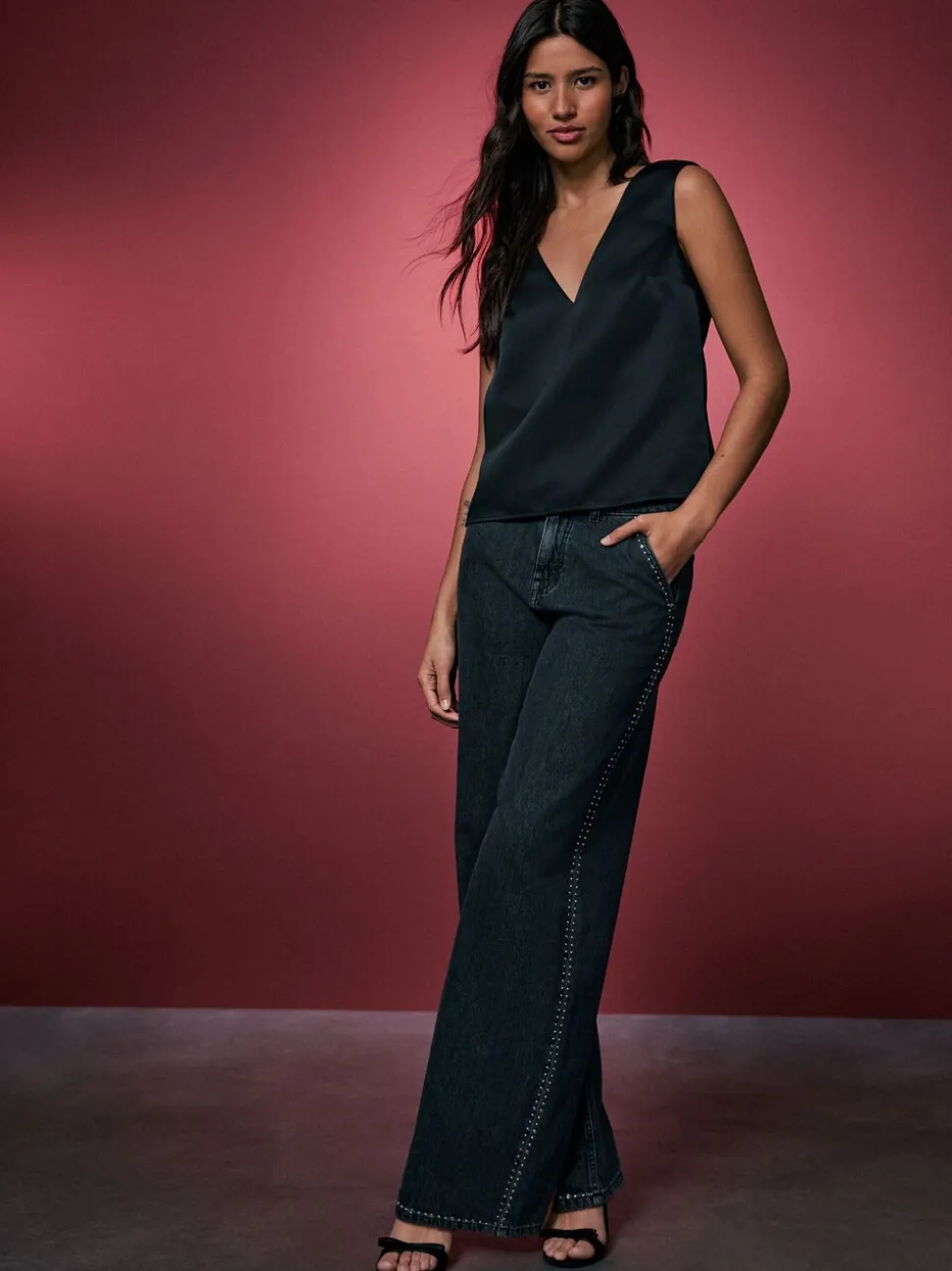 Grijs - Washed Black Embellished Studded High Rise Palazzo Wide Leg Jeans
