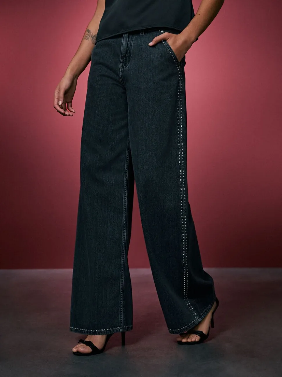 Grijs - Washed Black Embellished Studded High Rise Palazzo Wide Leg Jeans