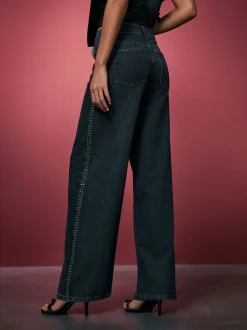 Grijs - Washed Black Embellished Studded High Rise Palazzo Wide Leg Jeans