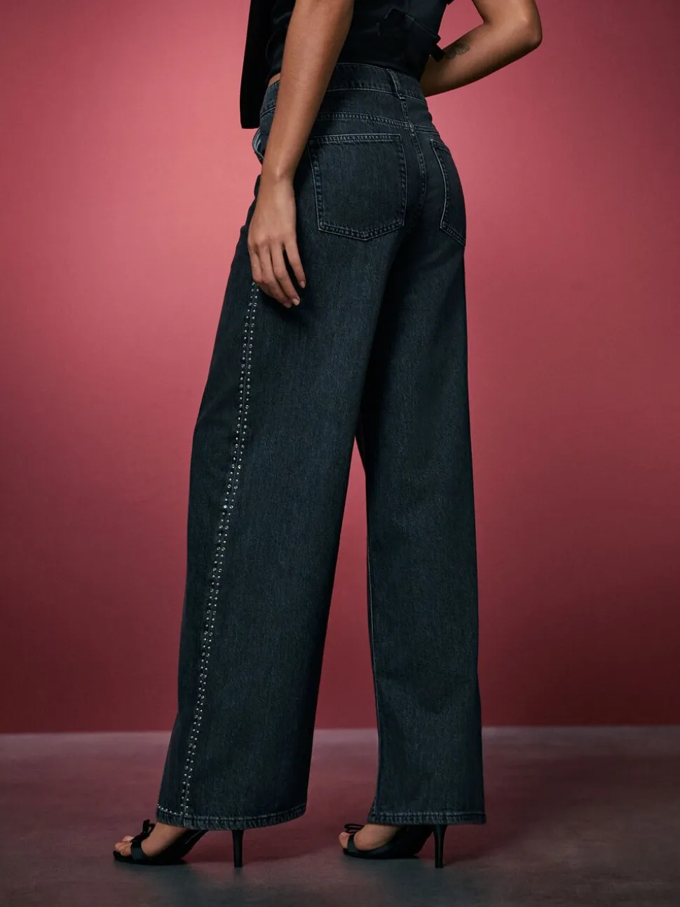 Grijs - Washed Black Embellished Studded High Rise Palazzo Wide Leg Jeans