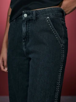 Grijs - Washed Black Embellished Studded High Rise Palazzo Wide Leg Jeans