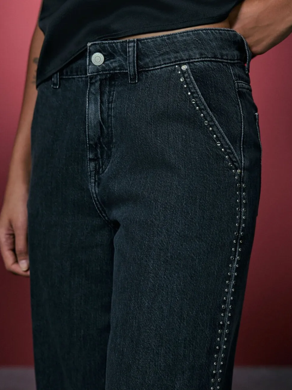 Grijs - Washed Black Embellished Studded High Rise Palazzo Wide Leg Jeans