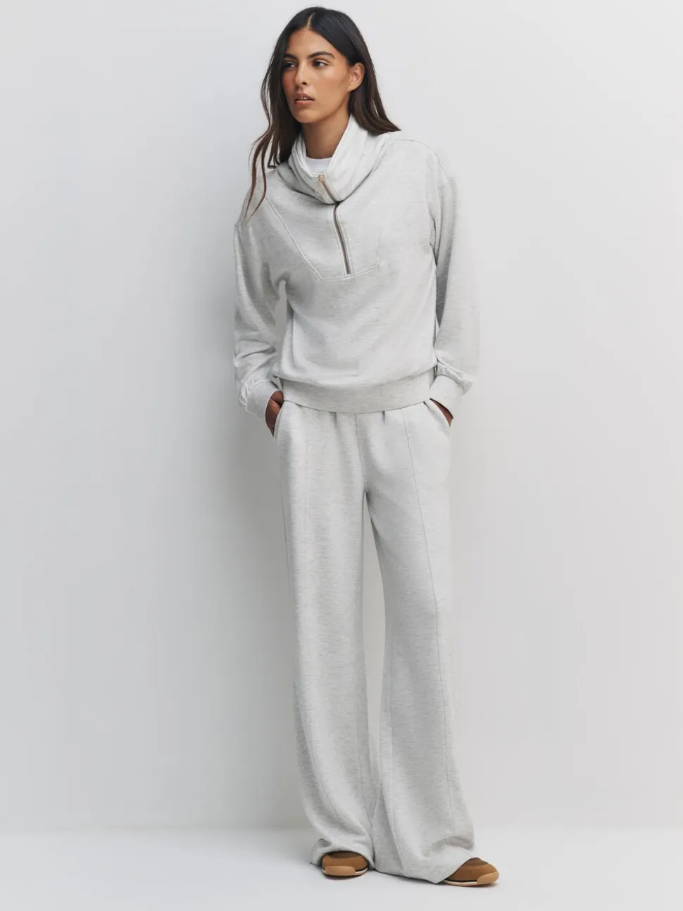Grijs gemêleerd - Premium jersey joggingbroek met wijde pijpen
