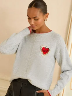 Grijs Lovertjes Rood Liefde Hart - Love & Roses warme gebreide trui
