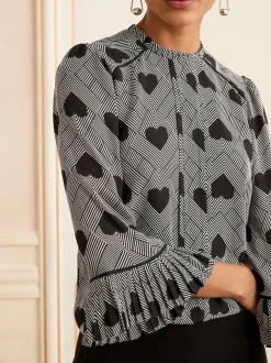 Grijs met hartjesprint - Love & Roses Crew Neck Pleated Flute Sleeve Blouse