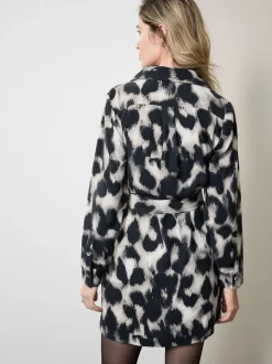 Grijs met luipaardprint - Mini Long Sleeve Tie Waist Shirt Dress