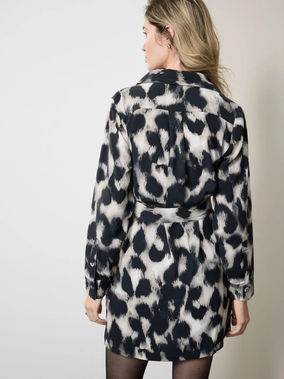 Grijs met luipaardprint - Mini Long Sleeve Tie Waist Shirt Dress