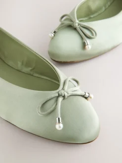 Grijs-groen - Ballerina's met pareleffect en strikdetail voor bruidsmeisjes