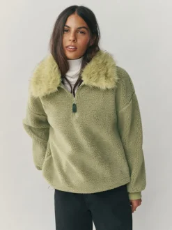 Grijs-groen - Borg Quarter Zip Fleece with Fur Collar