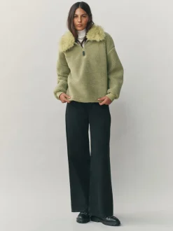 Grijs-groen - Borg Quarter Zip Fleece with Fur Collar
