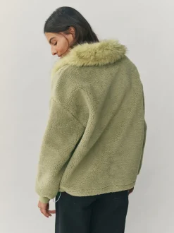 Grijs-groen - Borg Quarter Zip Fleece with Fur Collar