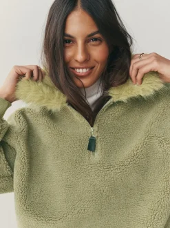 Grijs-groen - Borg Quarter Zip Fleece with Fur Collar