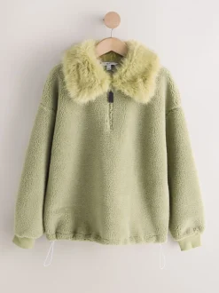Grijs-groen - Borg Quarter Zip Fleece with Fur Collar