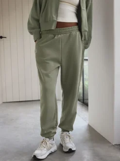 Grijs-groen - Self. joggingbroek met boorden