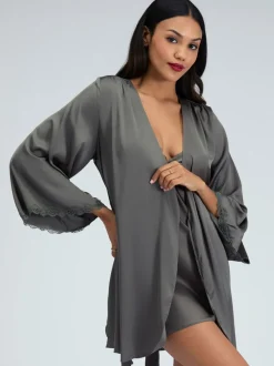 Groen - Boux Avenue Kaya Lace Trim Satin Robe