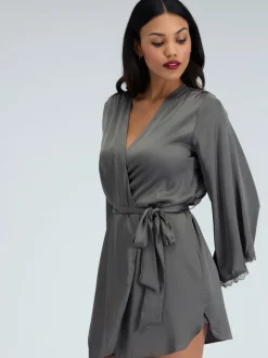 Groen - Boux Avenue Kaya Lace Trim Satin Robe