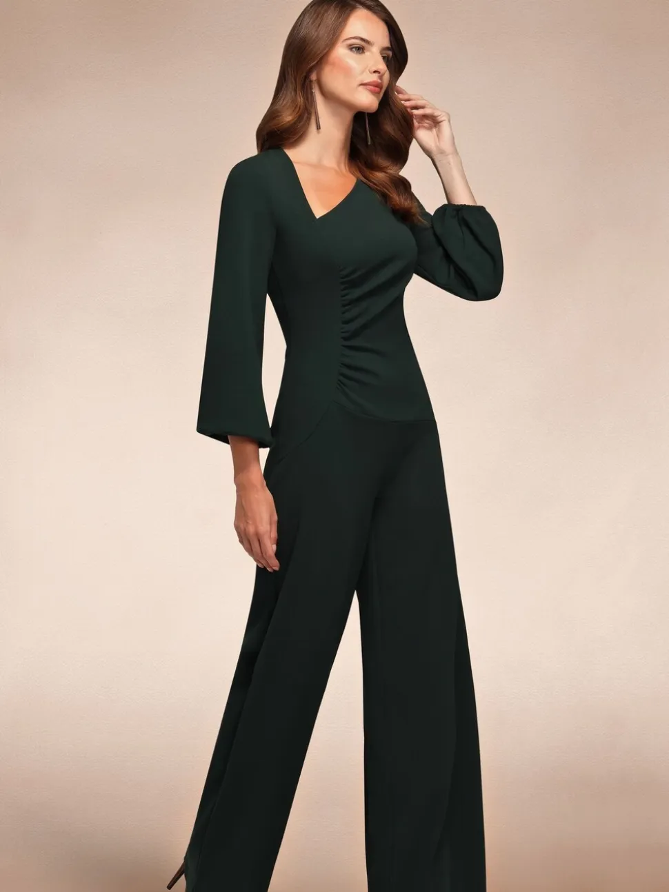 Groen - Hot Squash Ruched Jumpsuit with Sleeves