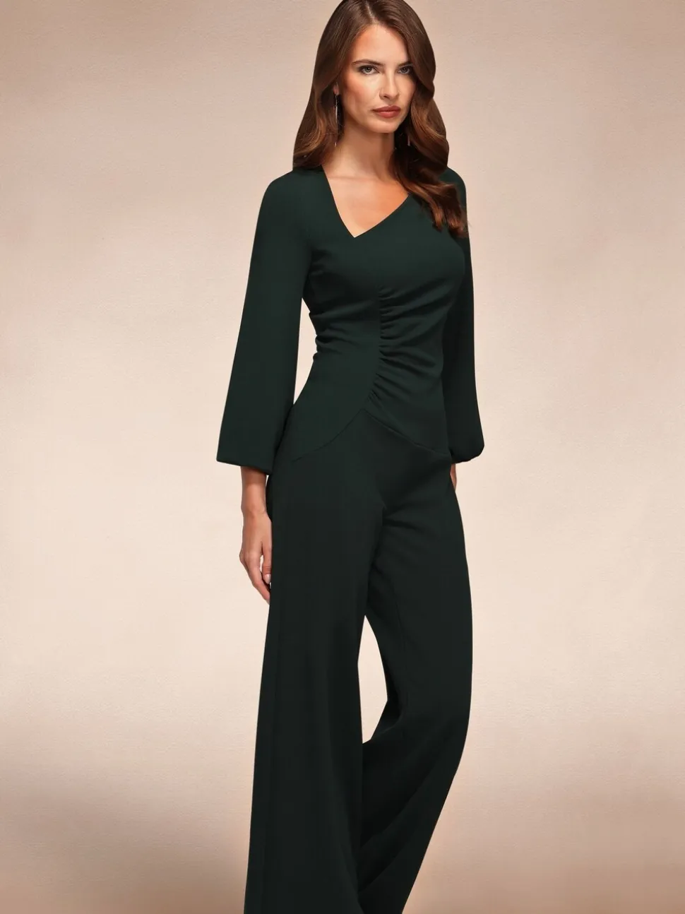 Groen - Hot Squash Ruched Jumpsuit with Sleeves