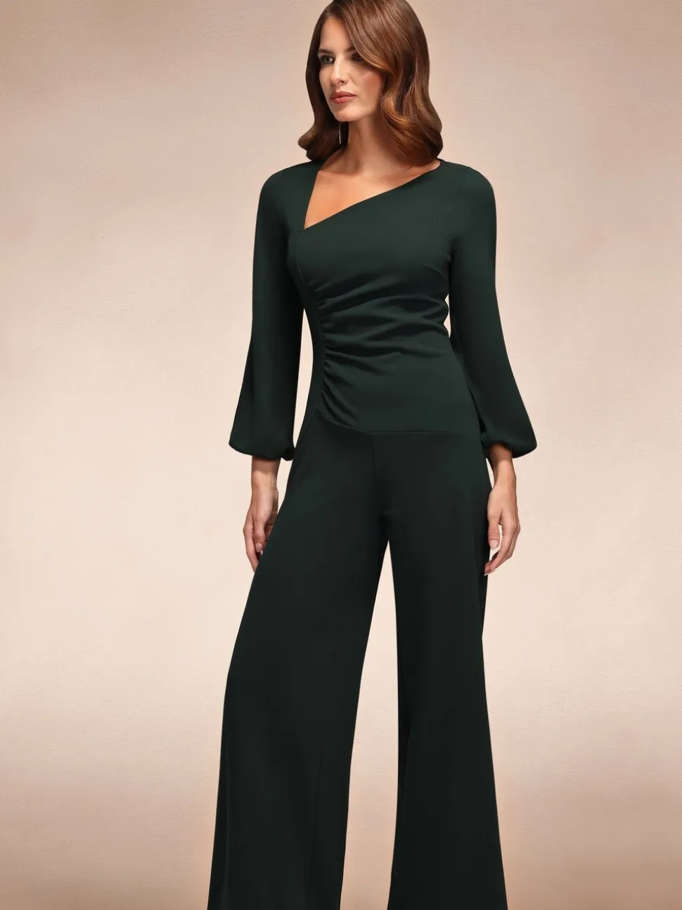 Groen - Hot Squash Ruched Jumpsuit with Sleeves