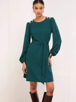 Groen - Lipsy Mini Military Button Long Sleeve Tie Shift Dress