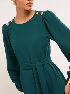 Groen - Lipsy Mini Military Button Long Sleeve Tie Shift Dress