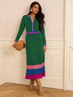 Groen - Love & Roses - Gebreide midi-jurk met halsinkeping