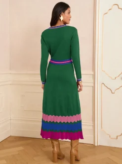 Groen - Love & Roses - Gebreide midi-jurk met halsinkeping
